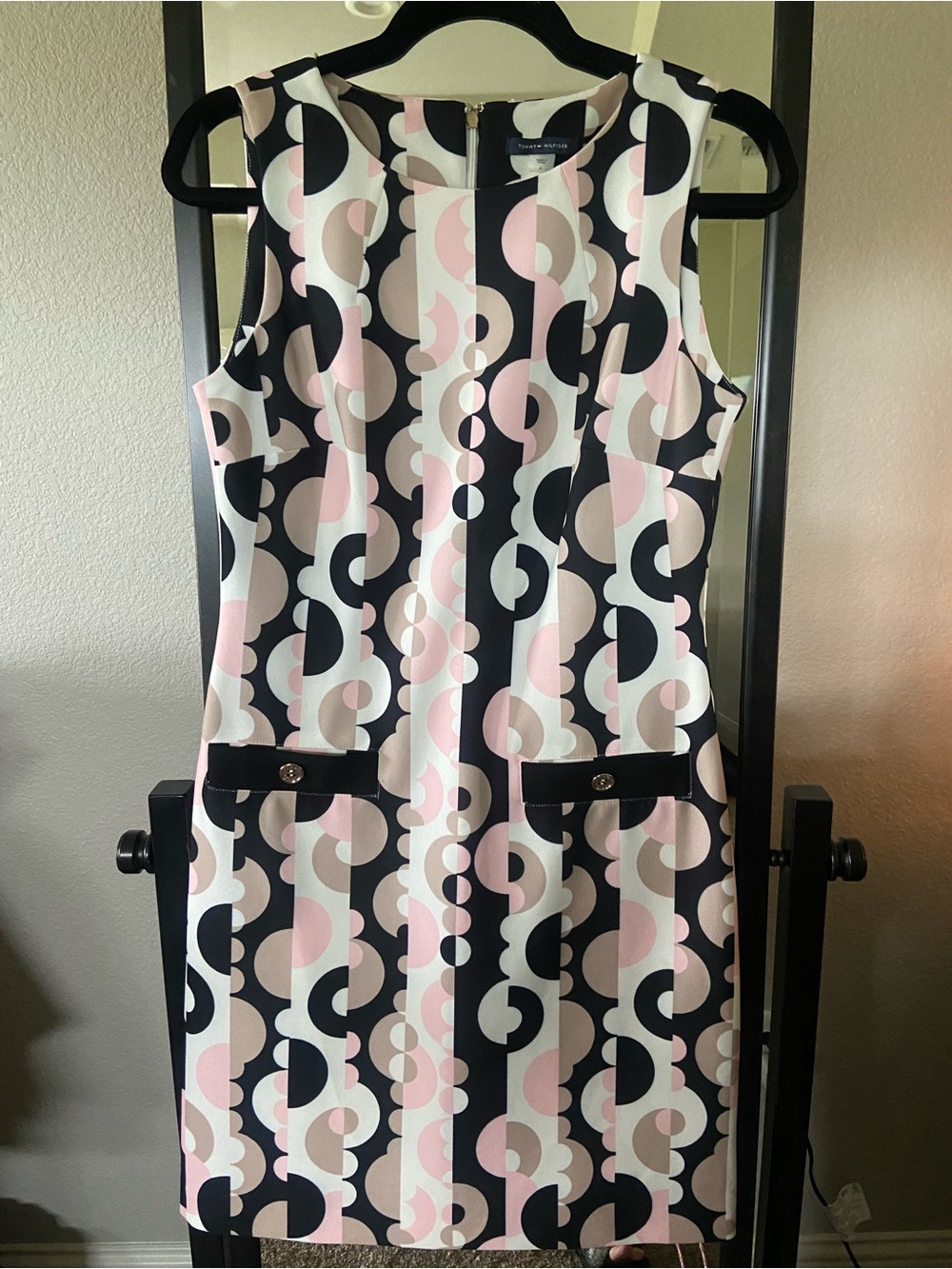 Tommy Hilfiger Black, White & Blush Pink Geometric Midi Dress